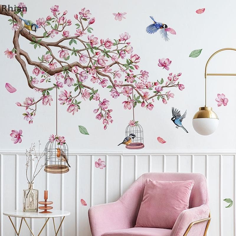 [Rhian] Rosa Flor De Pêssego Pássaro Adesivos De Parede PVC Auto-Adesivo Quarto Sala De Estar Arte Deco Decalque Decoraç