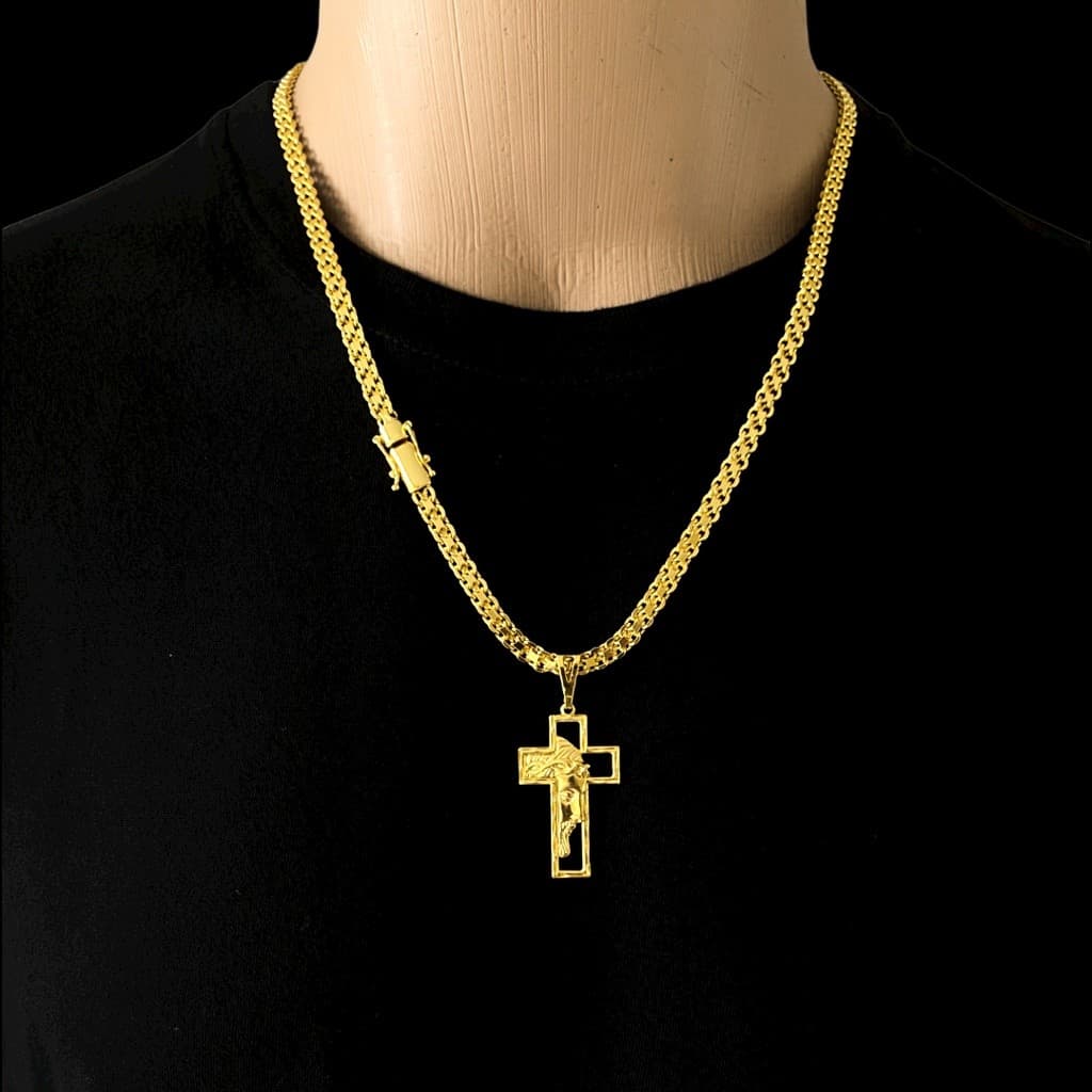 Cordão Cadeado Duplo 7mm CRUZ COM ROSTO DE JESUS - BANHO DE OURO 18K - Fecho GAVETA PREMIUM 3 TRAVAS