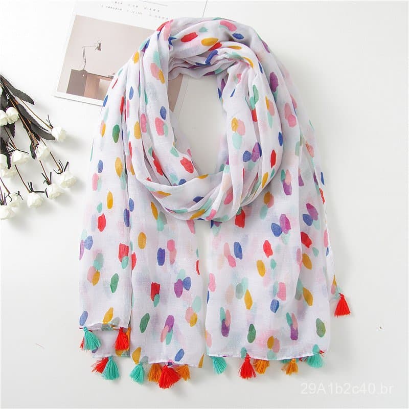 Cachecol longo de algodão e linho com bolinhas coloridas, fresco e artístico para mulheres na primavera e no verão, adeq