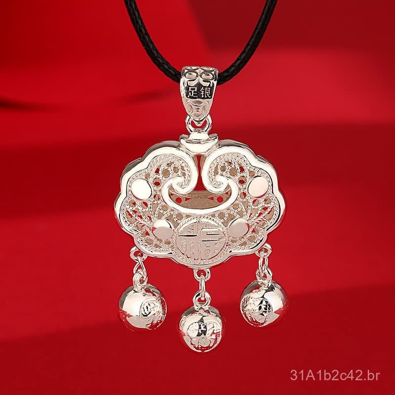 Prata Pura S990, Prata Esterlina, Cadeado da Paz com Cem Bênçãos, Estilo Étnico, Cadeado da Longevidade, Pingente Ruyi F