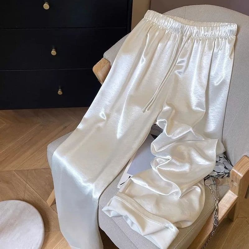 Calças largas de cetim de alta qualidade femininas verão novo estilo elástico cintura alta