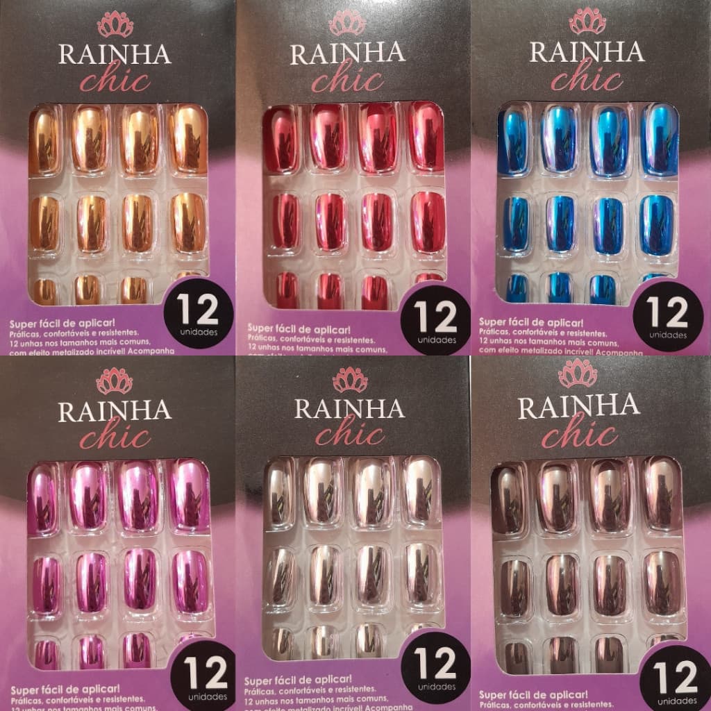 Unhas Postiças Metálicas - Rosa, Azul, Dourada, Vermelha, Prata e Chumbo
