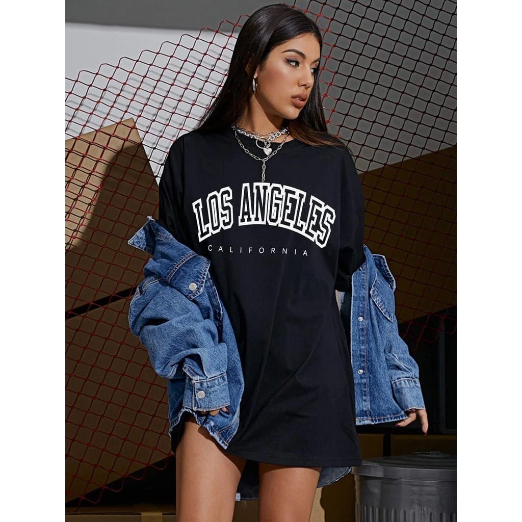 Camiseta Feminina Oversized Los Angeles T-Shirt Branca e Preta Estilo Streetwear 100% Algodão