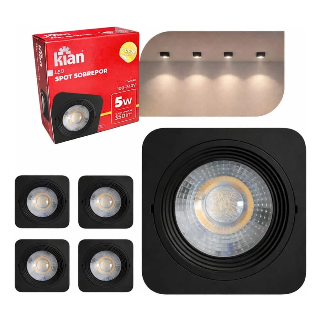 Kit 5 Spot Led Sobrepor Quadrado Preto 5w 3000k Kian