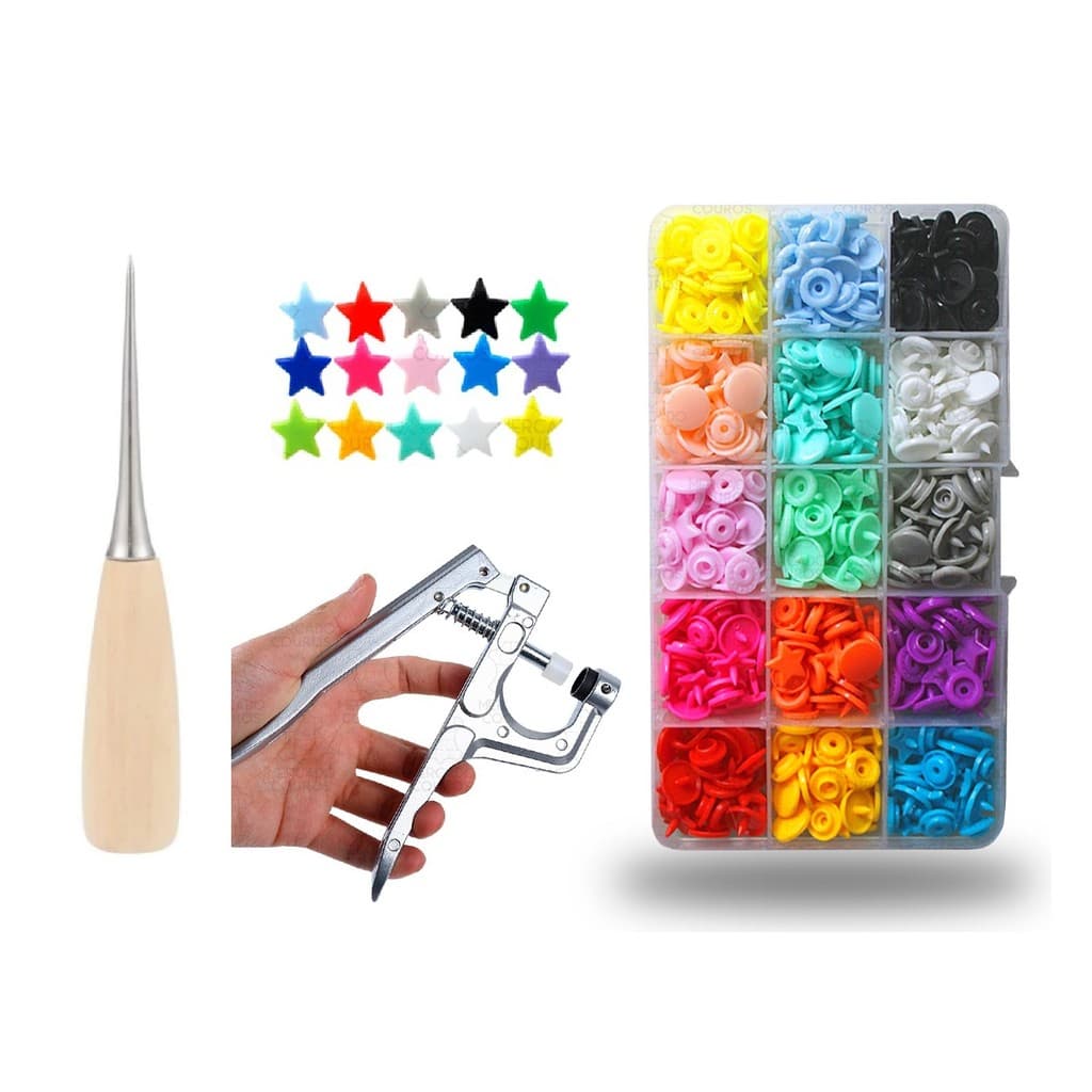 Kit Completo de Botões de Pressão Rita Estrela 12mm + Alicate com Matrizes + Furador Agulhão Lanmax
