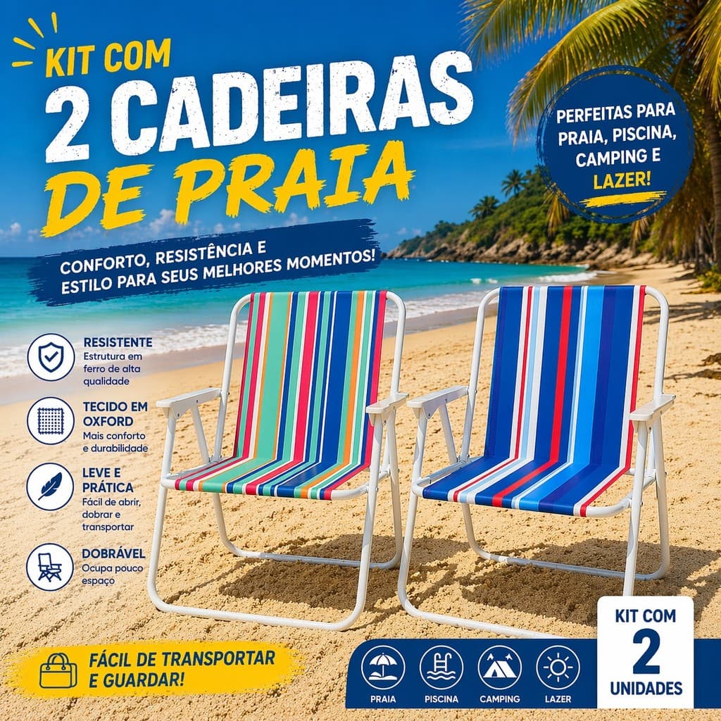 Kit 2 Cadeiras de Praia Alta de Ferro Reforçada Confortável