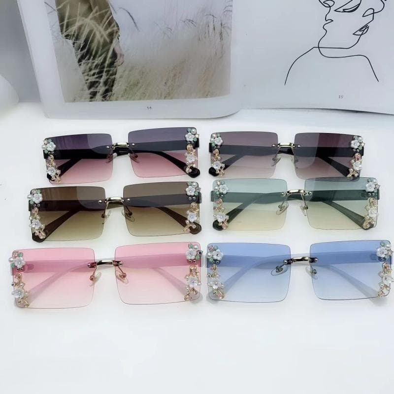 Óculos de Sol Femininos Sem Armação com Estampa Floral, Óculos de Sol da Moda UV400, Óculos Quadrados Femininos
