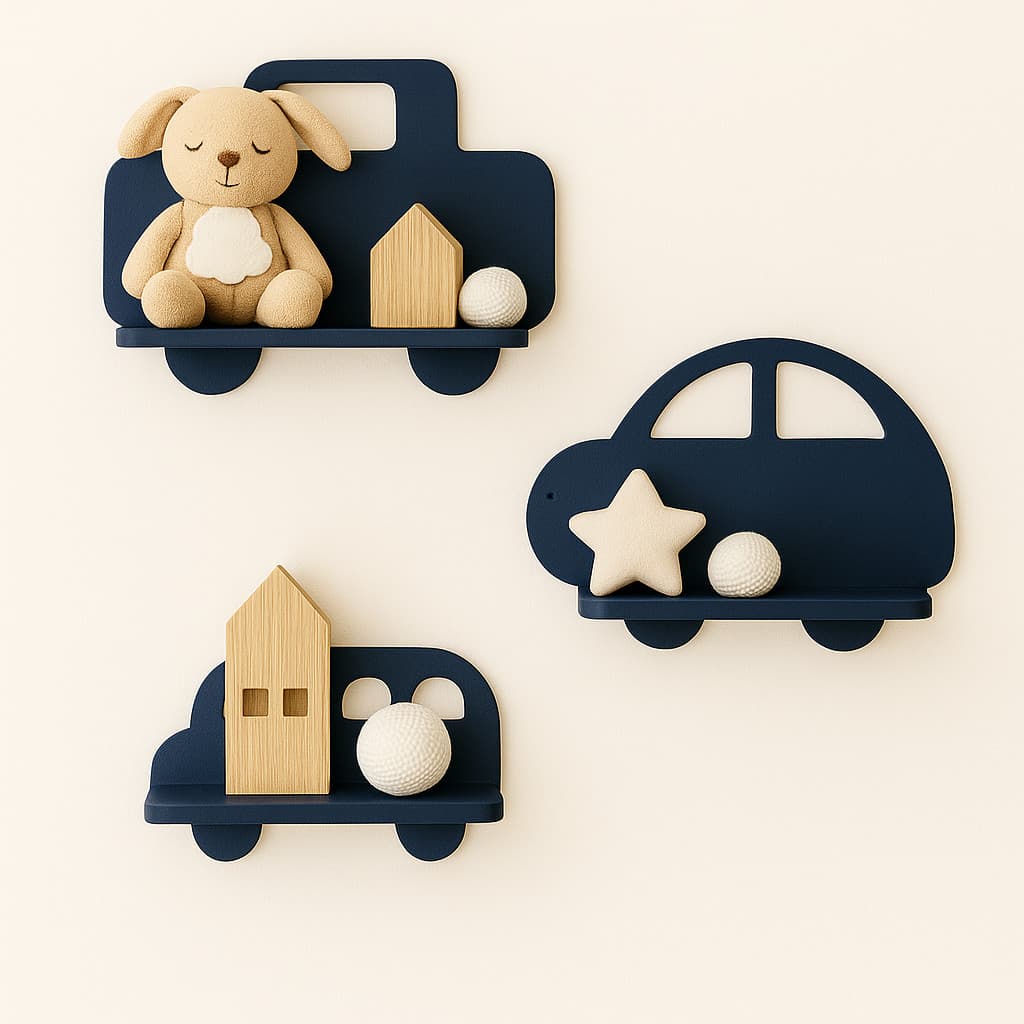 Kit Com 3 Prateleiras Carros Em MDF Trio Prateleiras De Carrinhos Decoração Quarto Maternidade