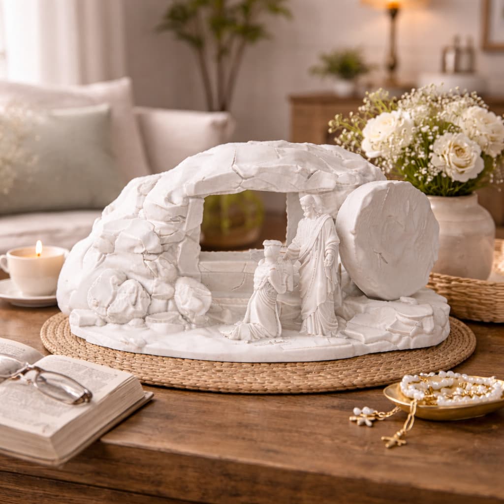 Escultura Católica Jesus Cristo Ressuscitado | Imagem Religiosa Branca | Decoração de Mesa Sofisticada