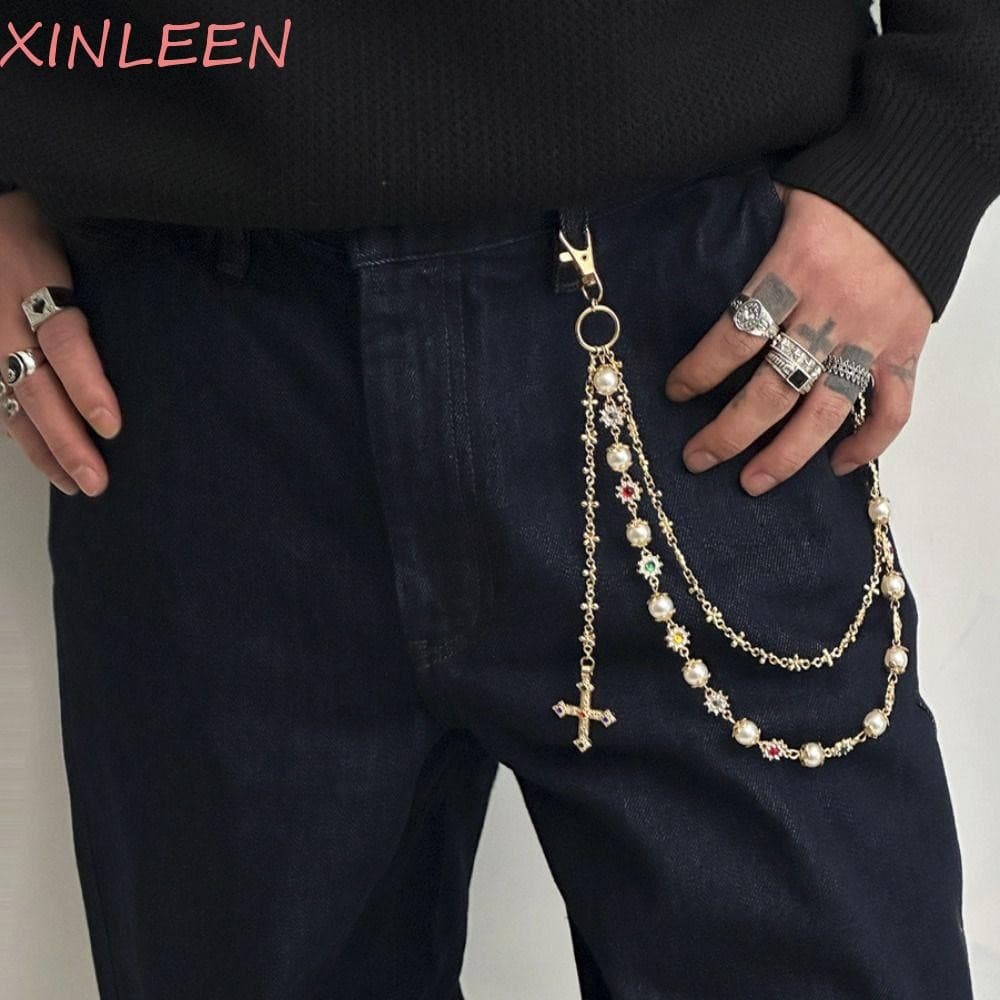 XINLEEN Corrente De Cintura De Pérola , Cinto Punk De Liga De Zinco Com Borla , Contas Góticas , Hip Hop , Jeans Masculi