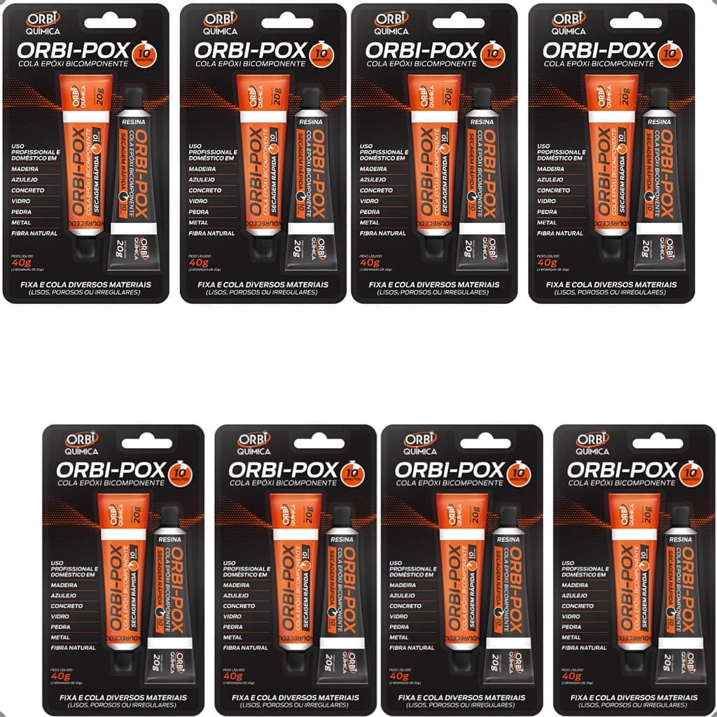 Kit 8 Cola Epóxi Bicomponente Orbi-Pox 10 Minutos 40g Orbi Química Adesivo Metal Vidro Madeira