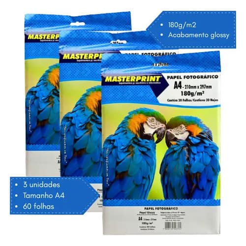Kit com 3 Papel Fotográfico Brilhoso A4 180g 20 folhas