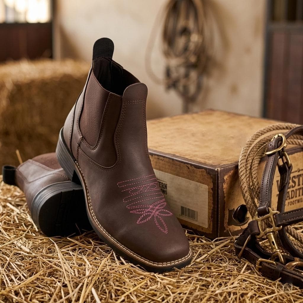 Bota Country Feminina Bordada Confortável Texana Cano Curto Elástico Estilo Agro Rodeio + Relógio Digital Moderno Kit