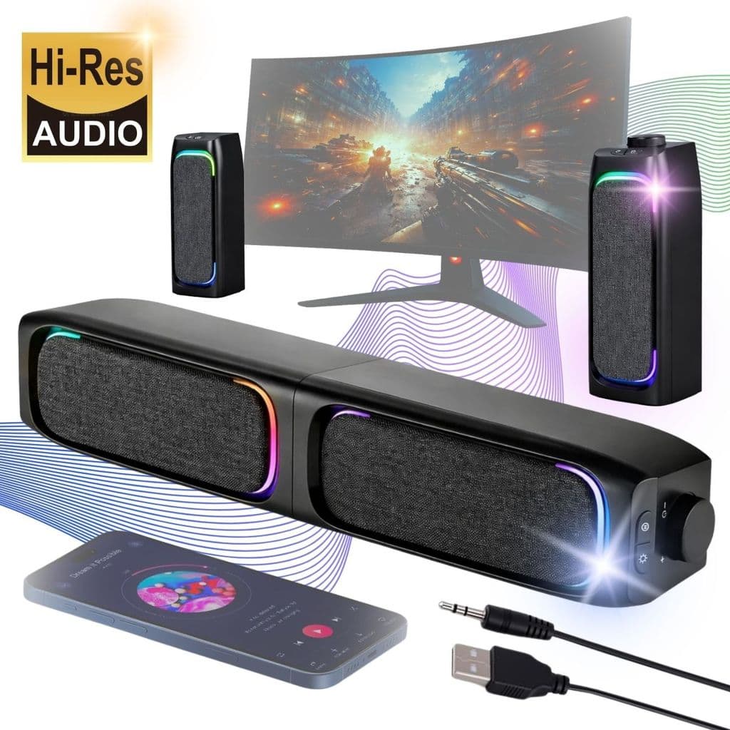 Soundbar Gamer Caixa de som Speaker RGB 2 em 1 Destacável 10W | USB AUX para PC e Notebook
