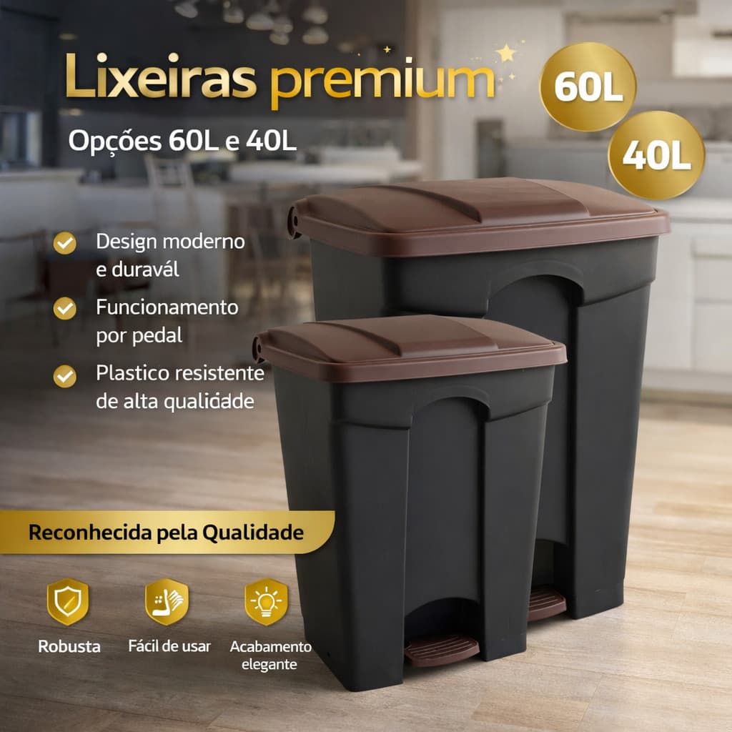 Lixeira Grande Com Pedal 40L e 60L Plastico Reforçado Cozinha Banheiro Escritório