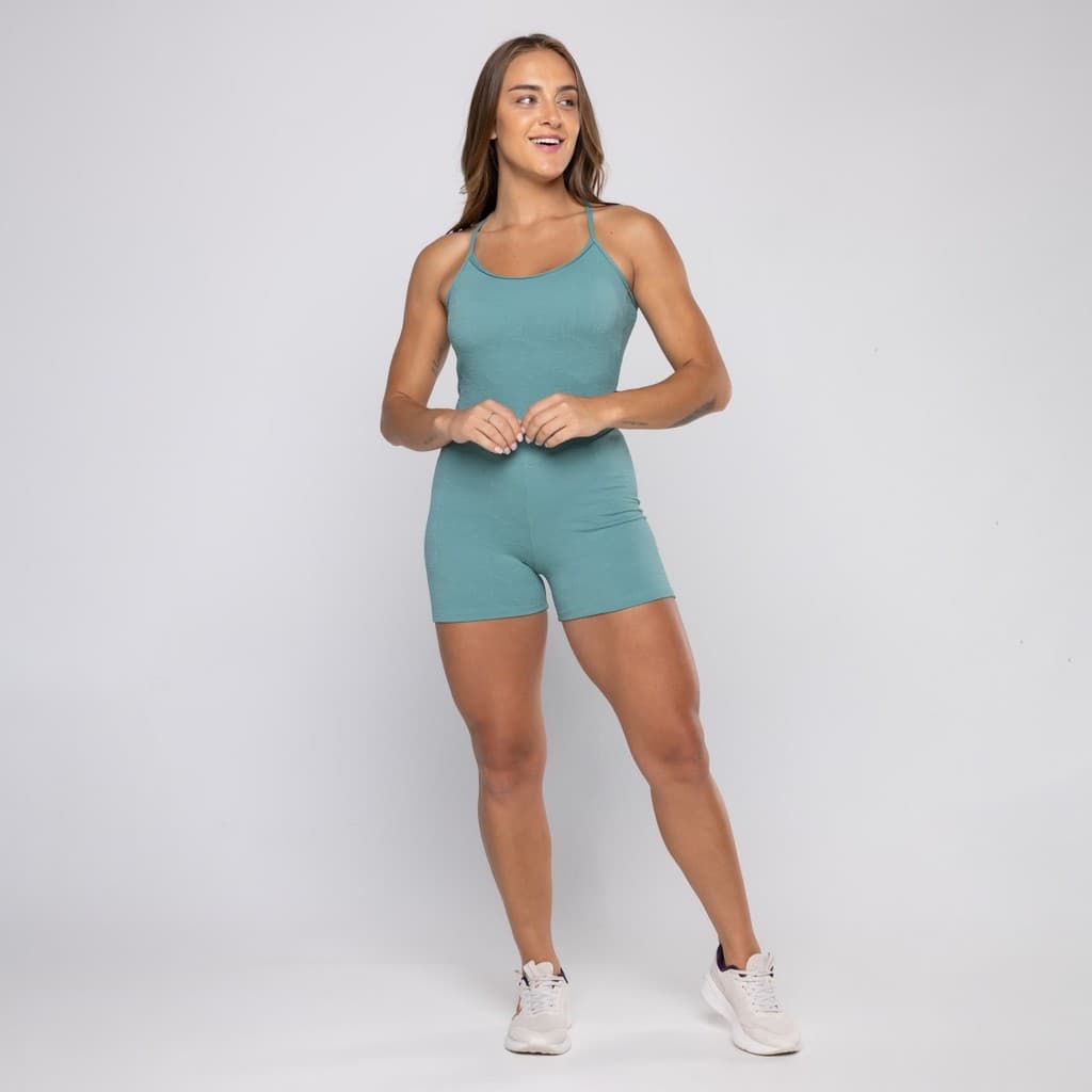 Macaquinho Fitness Feminina Jacquard Poliamida Textura Recortes Bojo Removível Confortável Alça Ajustável
