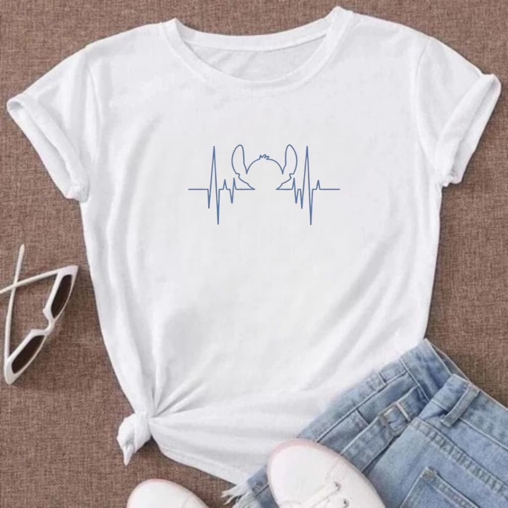 Camiseta Feminina Stitch Batimento Camisa Básica Manga Curta Tendencia Verão