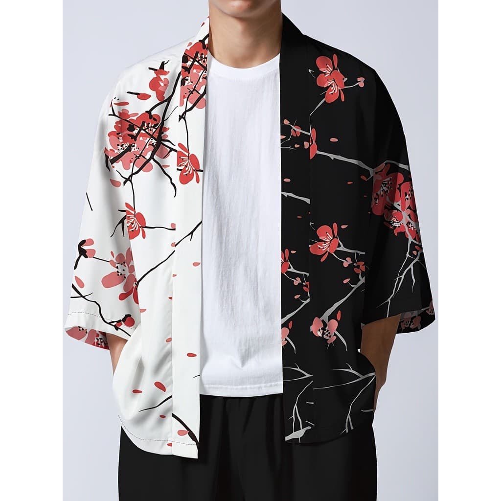 Plum Blossom Jaquetas Quimono Masculinas Casuais De Manga Curta Com Frente Aberta