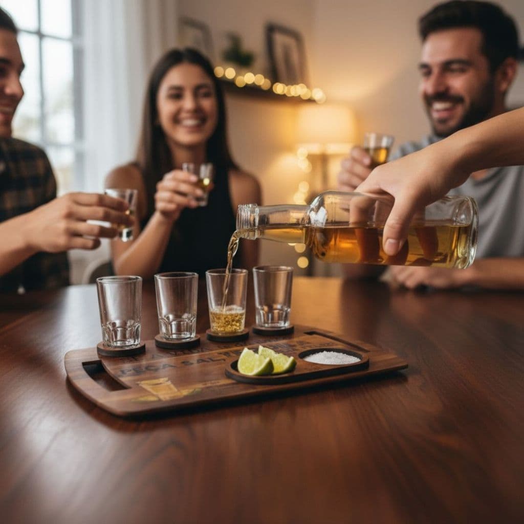 Kit Tábua de Shot Madeira para Tequila com 4 Copos Espaço Sal e Limão