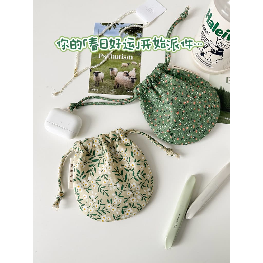 Saco de armazenamento de cordão de algodão feminino portátil Floral pequeno saco cosmético batom fone de ouvido chave co