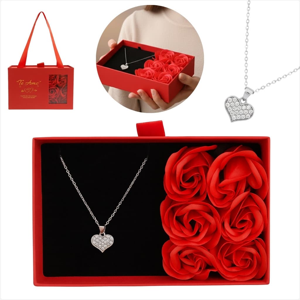 Caixa Presente Rosas Decorativas Com Colar Para Surpresa