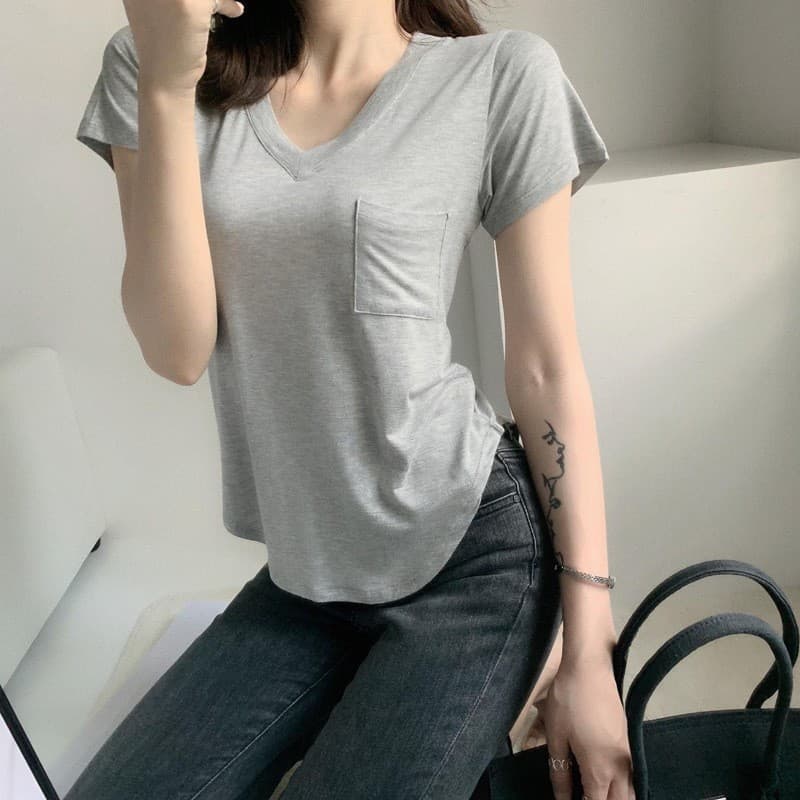 Camiseta de manga curta com decote em V verão Casual esportes ins topo elegante grande bainha curva bolso Design camisa