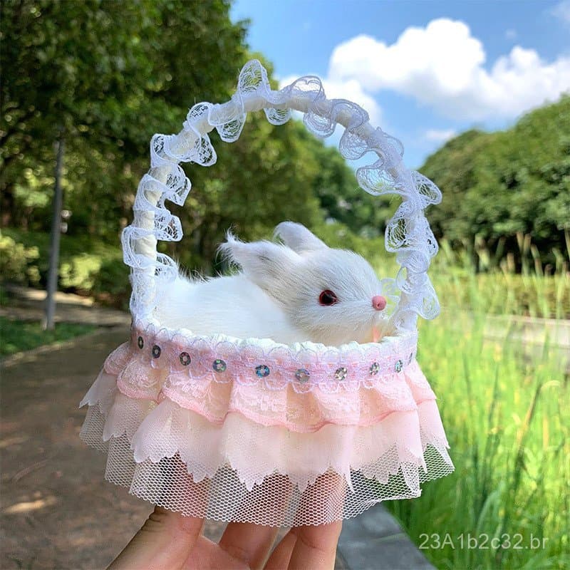 Enfeite de coelho fofo, decoração em estilo campestre, decoração de coelho com cesta de flores pequena, presente de aniv