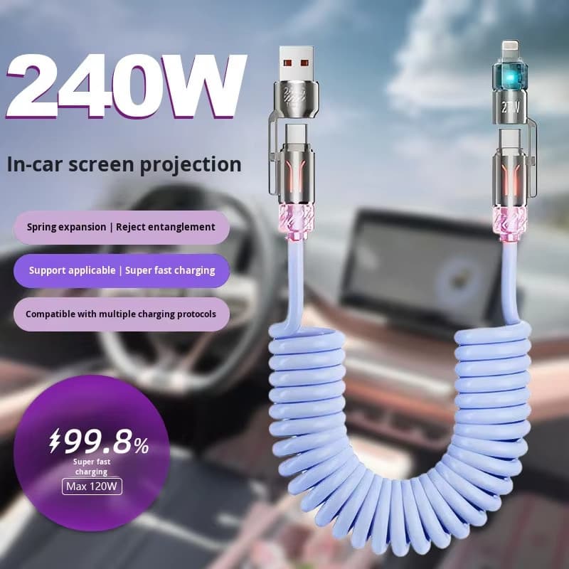 Cabo De Carregamento Universal Rápido 4 Em 1 , 240W , CarPlay , Espelhamento De Tela , Design De Mola Retrátil , USB-C/A