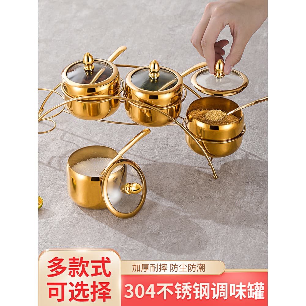 Jarra de tempero de aço inoxidável 304, conjunto de combinação de cozinha com tampa com colher, sal, açúcar, tempero, ca