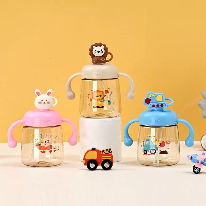 Copo Infantil com Canudo Silicone Tampa Encaixe e Alça Dupla Treinamento 350ML