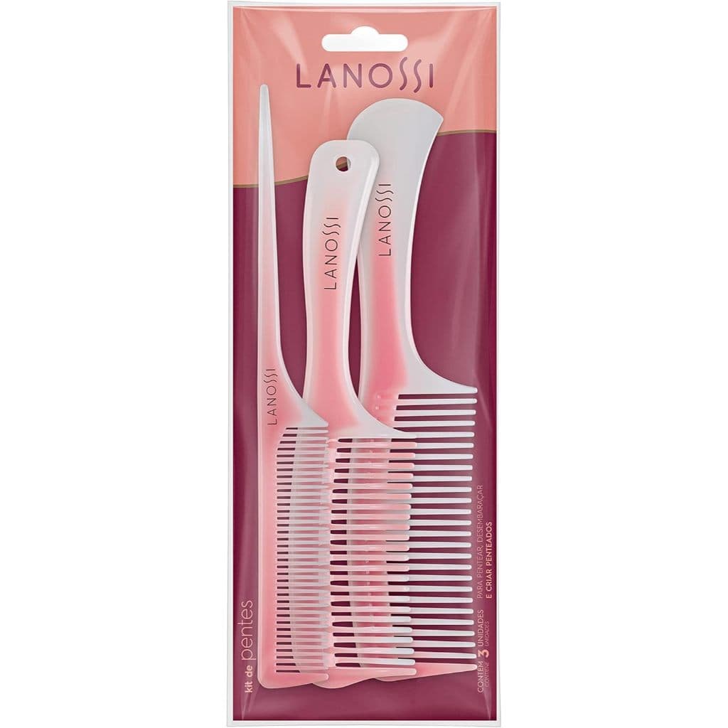 Kit de Pentes Rosé Lanossi com 3 Unidades para Pentear, Desembaraçar e Modelar Todos Tipos de Cabelo
