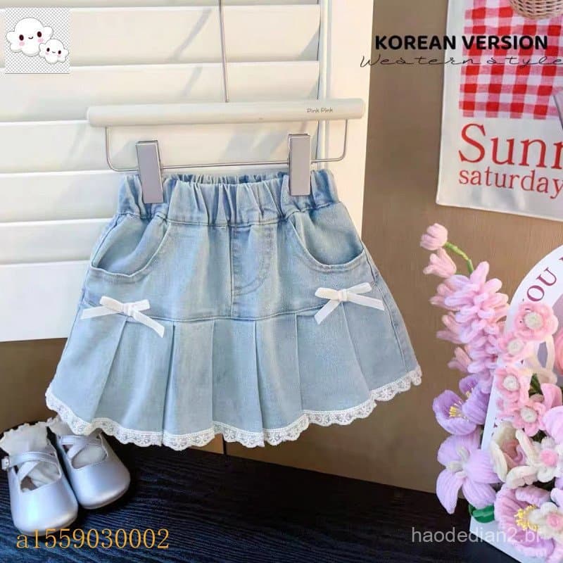 Saia jeans para meninas nova versão coreana de saia jeans doce de arco para crianças