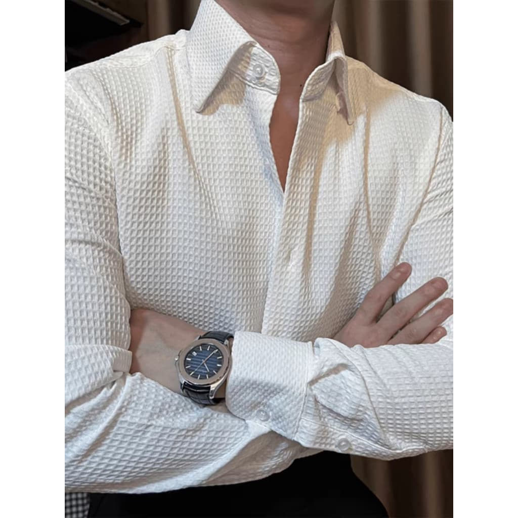 Camisa Masculina De Manga Comprida Com Estampa Waffle , Casual Slim Fit (Corte Pequeno)