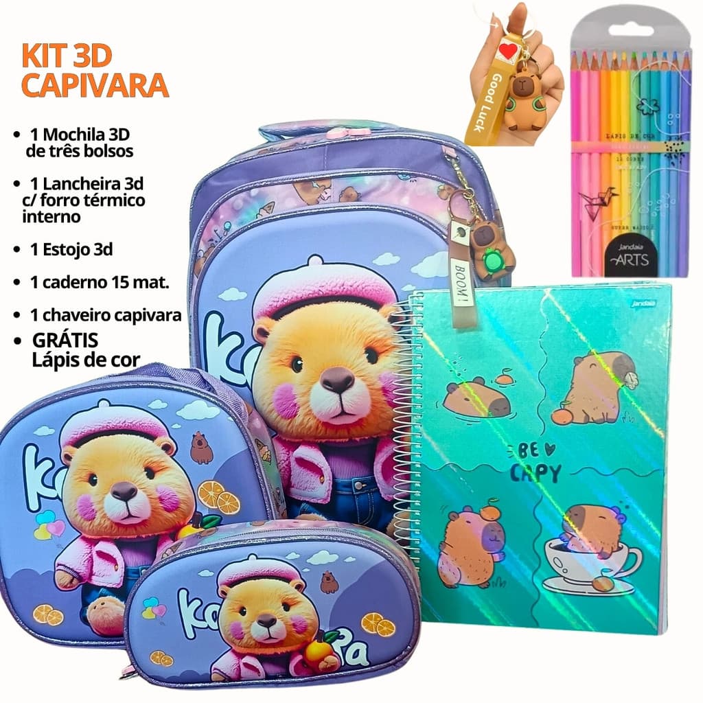 Kit Escolar Infantil 3D - 6 Itens Mochila Lancheira Estojo Caderno Chaveiro Lápis - Capivara