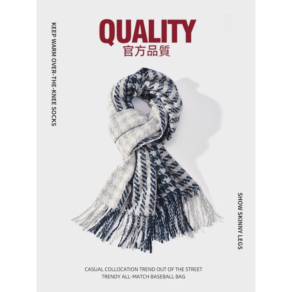 Houndstooth xadrez cachecol feminino inverno High-End quente casal versão coreana All-Match borla azul malha estudante b