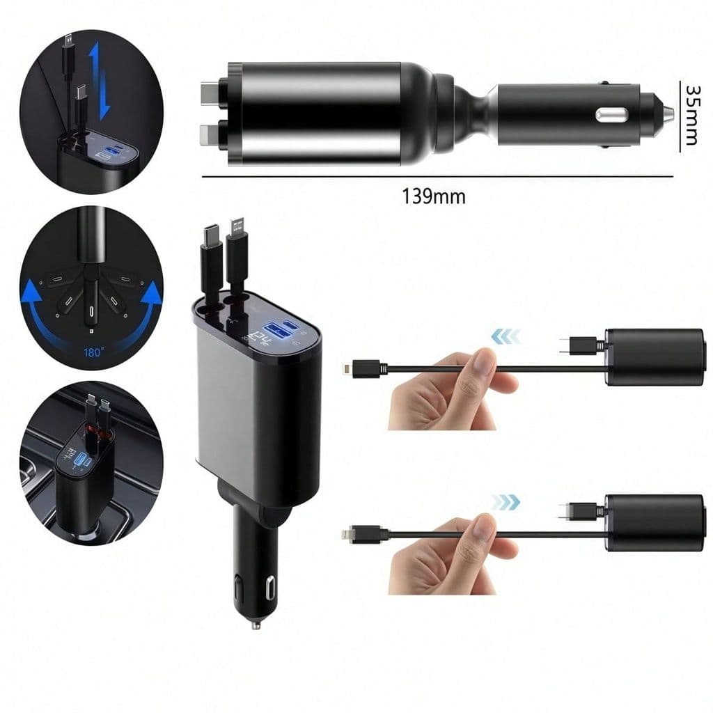 Carregador Automotivo Retrátil 66w/ 12-24V Tipo-c e USB lightning 4 Em 1 + Lightning BINGO