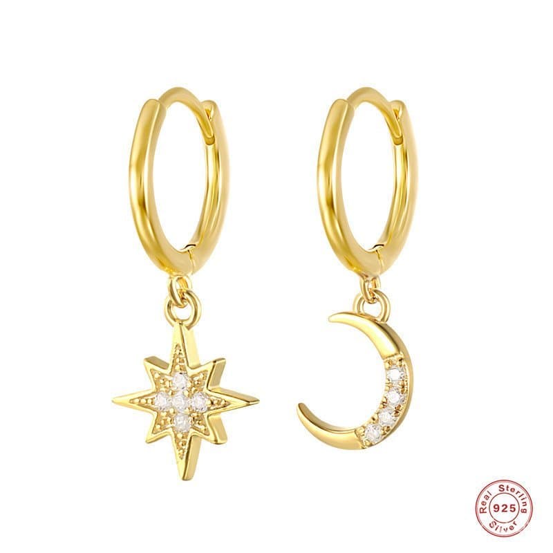 Brincos assimétricos de estrela e lua em prata esterlina S925, estilo INS, acessórios de orelha criativos e versáteis, d