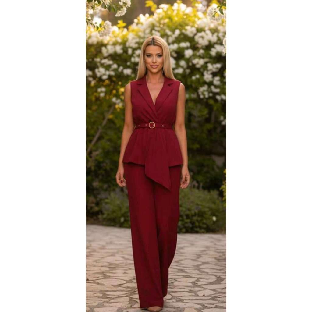 X652 Conjunto Feminino de Alfaiataria Twill com Colete sem Manga com Cinto e Calca pantalona