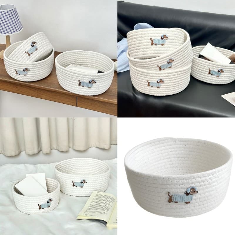 YU Cão Bordado Algodão Corda Cesta De Armazenamento Para Brinquedos Lanches E Organização Doméstica Projetos Tecidos Cai