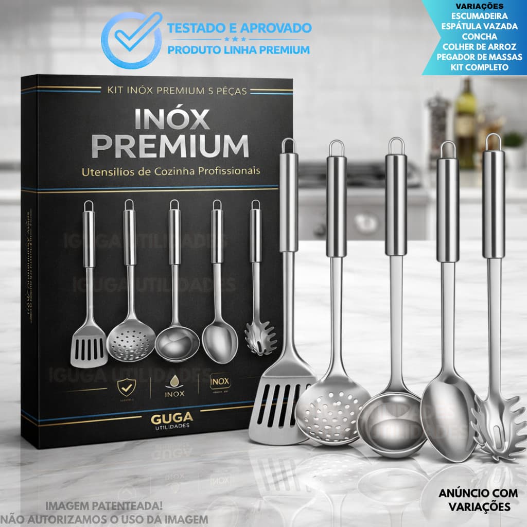 Kit 5 Utensílios de Cozinha em Inox Concha Pegador de Massa Espátula Vazada Colher de Arroz Escumadeira Premium