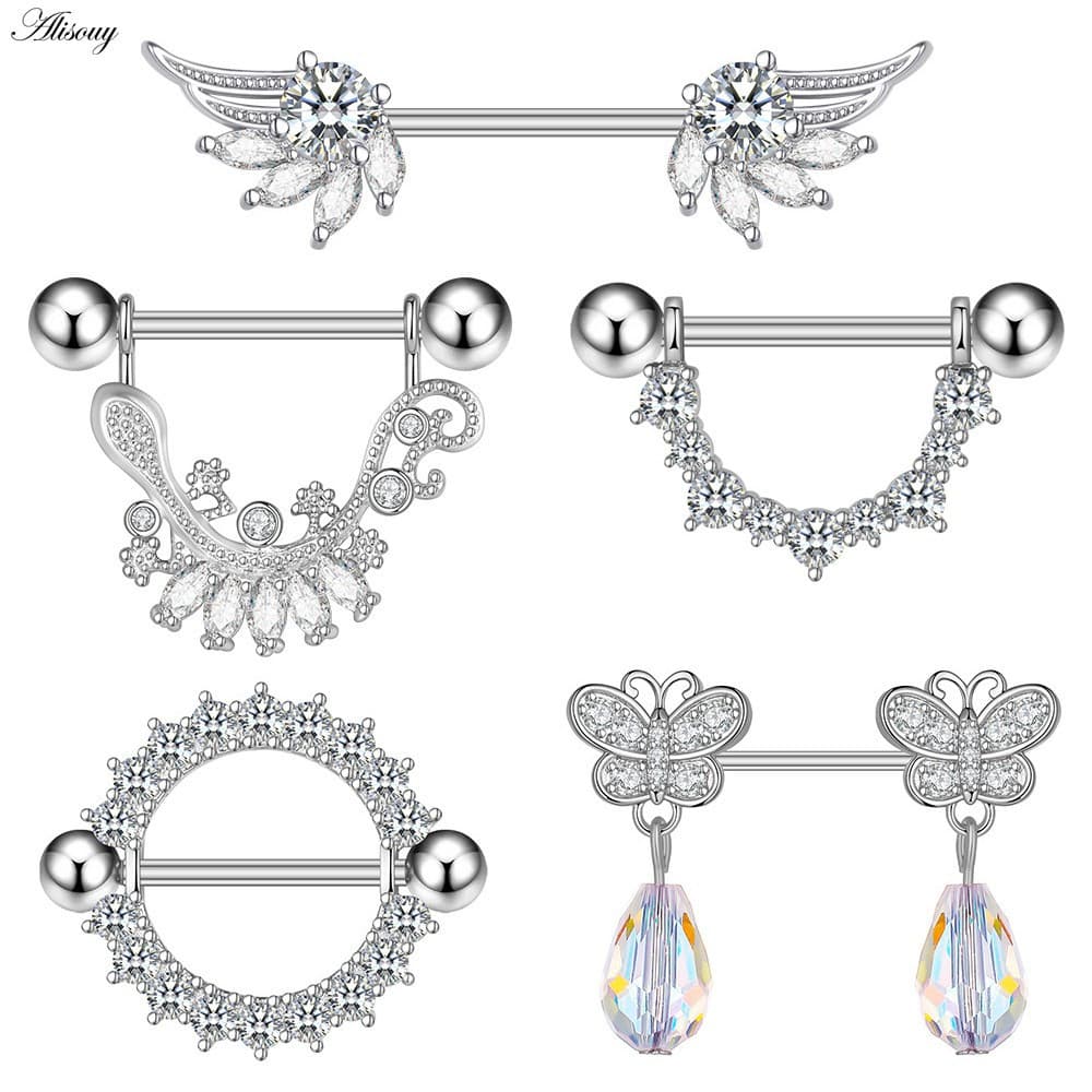 Conjunto de 2 peças Alisouy, piercing de mamilo feminino em aço inoxidável com zircônia e cristal, design de asa de borb