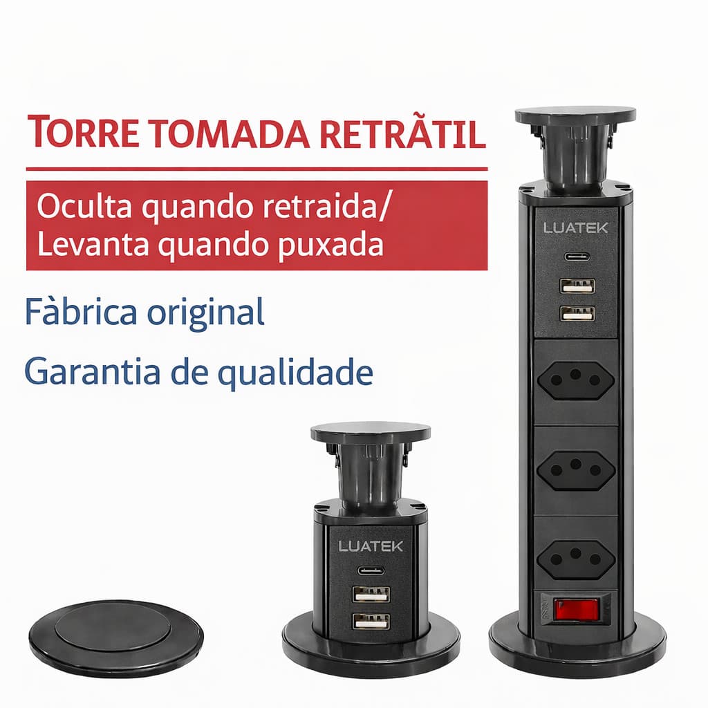 Torre de Tomada Embutir Retrátil com USB e Tipo-C – 3 Tomadas + Proteção