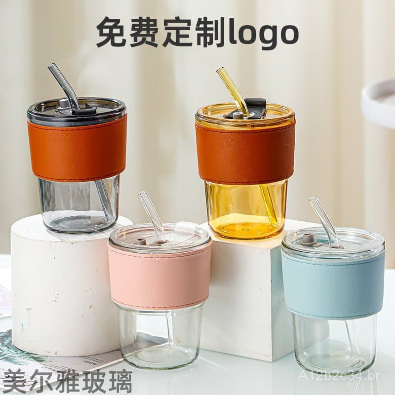Copo de água de vidro estilo bambu, digno de Instagram, portátil e prático, com tampa e canudo, ideal como brinde promoc