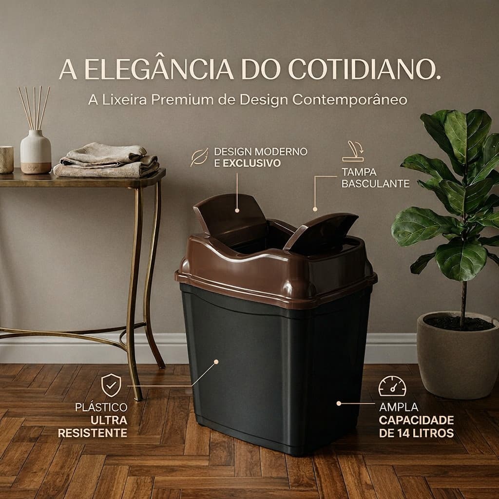 Lixeira Basculante 14L Prática e Higiênica Plástico Ultra Resistente Fácil de Limpar Banheiro Cozinha