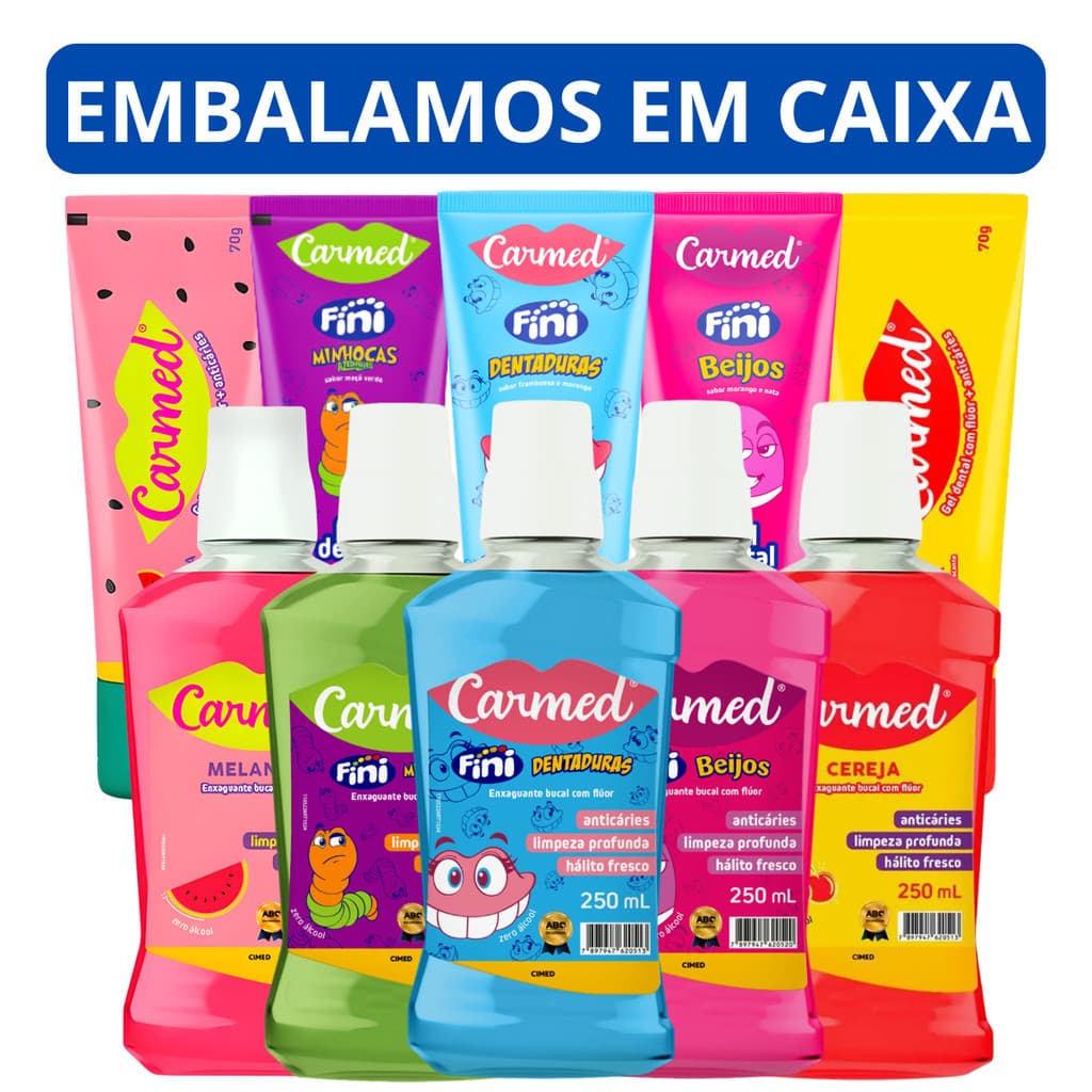 Enxaguante Bucal e Gel Dental Carmed Fini Minhocas, Dentaduras, Beijos, Cereja e Melancia Sabores Cimed