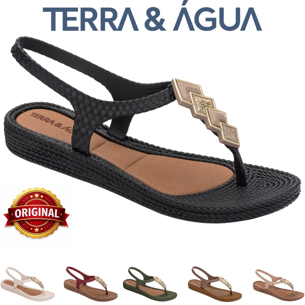 Sandália Terra & Água Cancun Rasteirinha Trançada Detalhes Metálicos Antiderrapante Praia 211406