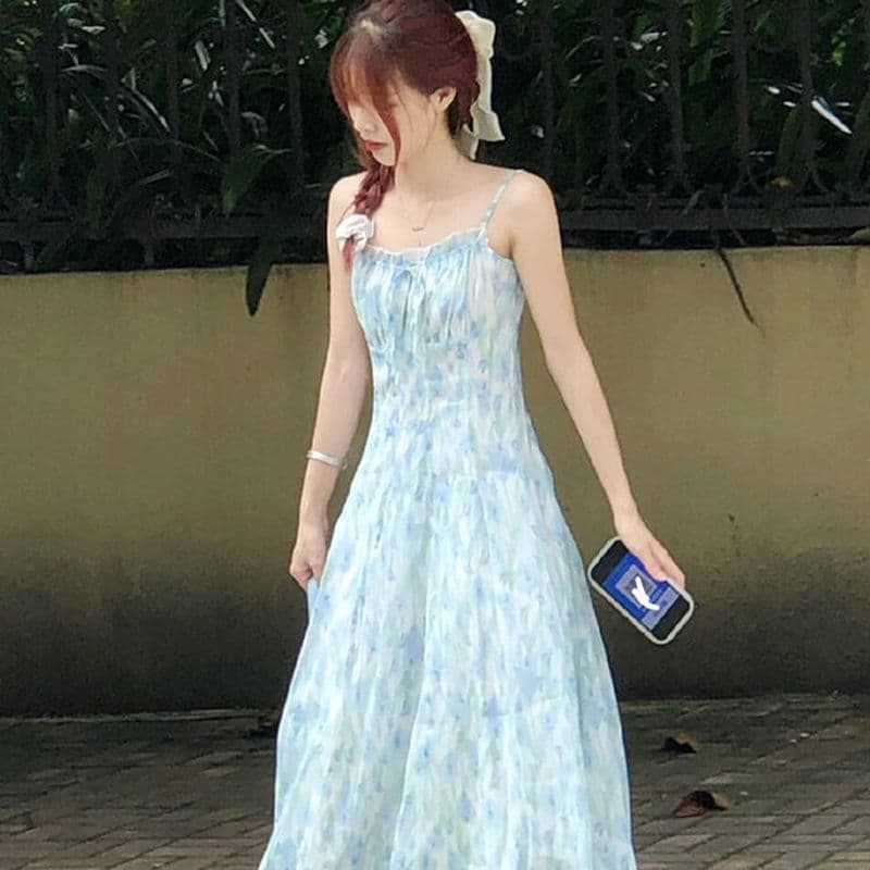 Francês doce azul Floral estilingue vestido feminino verão novo estilo pequeno cintura estreita mais magro olhar sem man