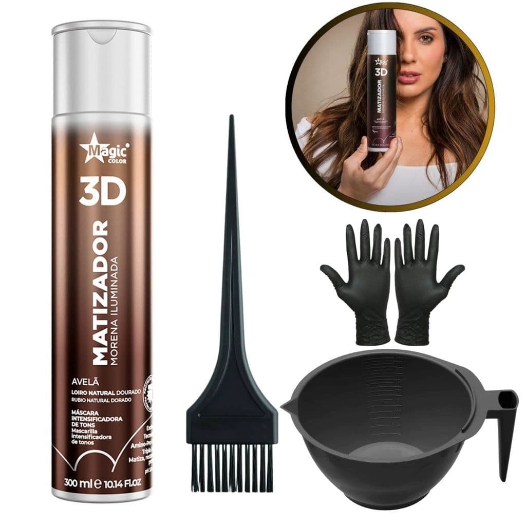 Kit Matizador Morena Iluminada Avelã 300ml Magic Color + Cumbuca + pincel + luvas