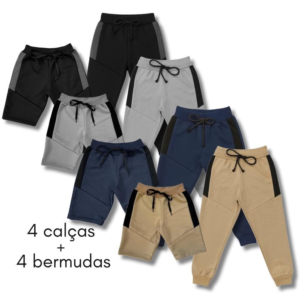 Kit com 4 Calças e 4 Bermudas Moletinho Infantil Uniforme Escola Cadarço e Elástico Dia a Dia