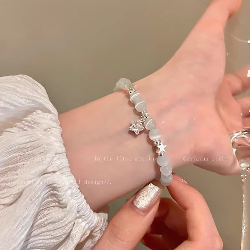 Pulseira de Pedra Olho de Gato com Estrela para Mulheres, Pulseira em Camadas Exquisita